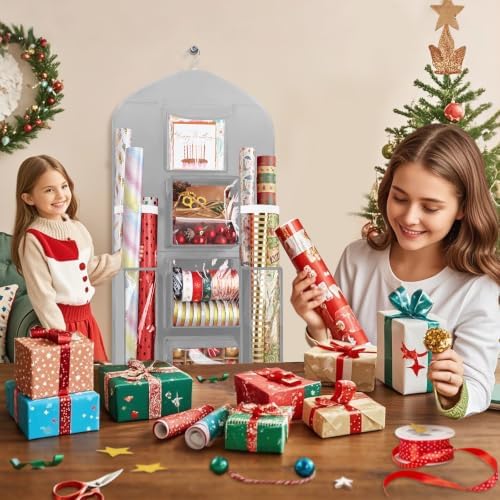 hanging wrapping paper organizer storage, over door gift, front angle view