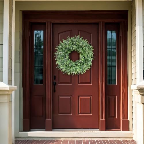 26'' artificial eucalyptus wreath with seeds for front, front angle view