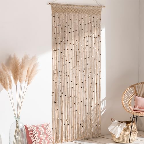 bechaeo boho macrame bead curtain for door window shown in use