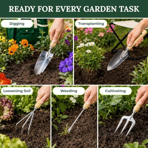 gardenhome 7-piece garden tool set with folding stool, close-up detail