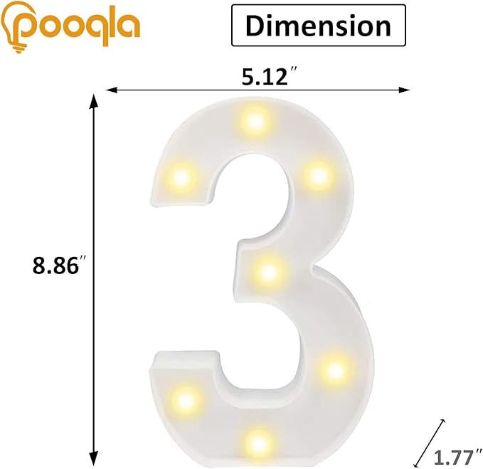 Pooqla LED Light Up Numbers, Warm White and Cool White Decorative Lighted Marquee Numbers, Light Up Numbers for Boys Girls Party, Wedding, Bar, Night Light, Room Decor, Birthday Decoration, Number 3