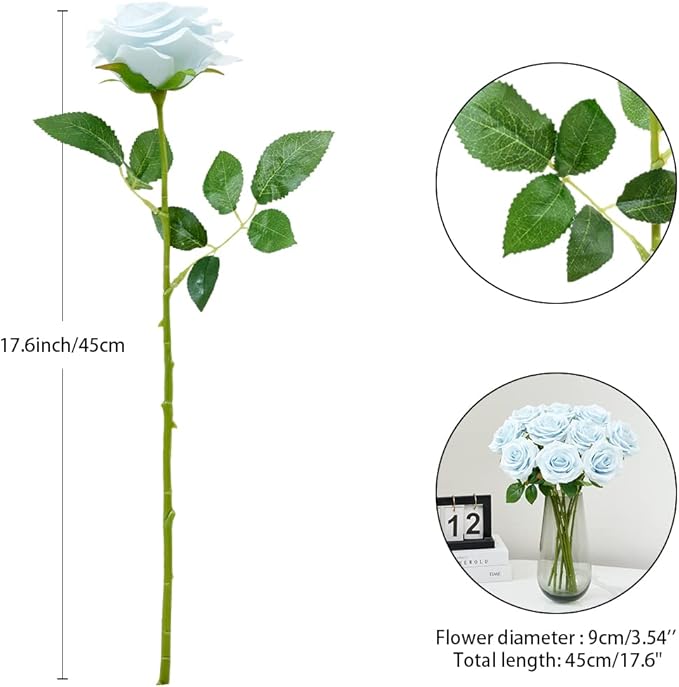 Artificial Rose 10pcs Ice Blue Open Flower Bouquet Faux Rose Stems for Wedding Arrangement, Bridal Bouquet, Centerpiece, Fake Faux Silk Flowers (Ice Blue)
