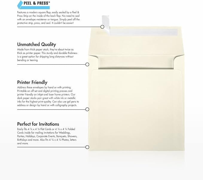 LUXPaper Square Invitation Envelopes | Peel & Press | 5" x 5" | Natural Linen | 80lb. Text | 50 Qty