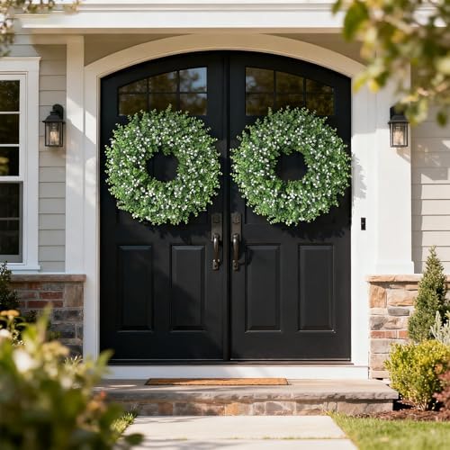 26" artificial eucalyptus wreath with flowers for front, close-up detail