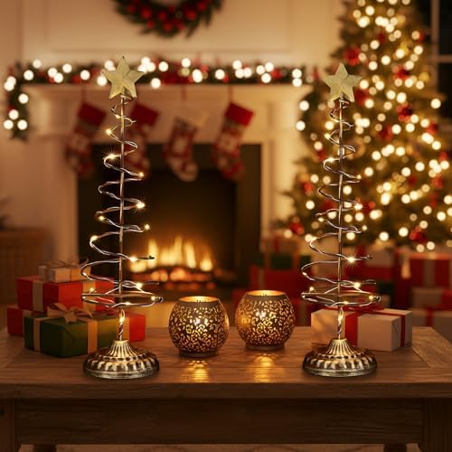 set of 2 lighted christmas tree table decoration showing dimensions