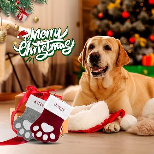 Custom Pet Christmas Stocking: Large Personalized Embroidered Name Stocking for Dogs Cats Pets, Paw Shape Xmas Stocking Fireplace Hanging Stockings Family Holiday Stockings (1 pcs)