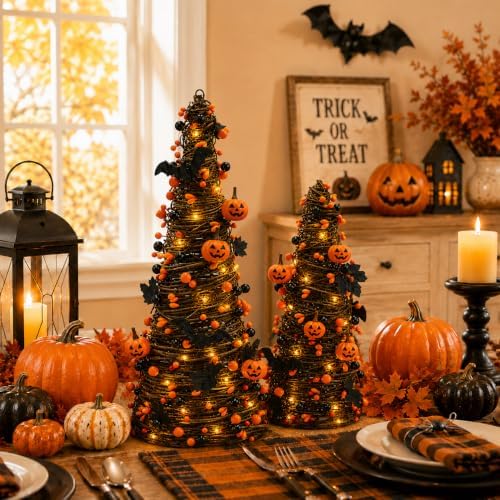 lighted halloween tabletop trees with timer, pumpkin bat, close-up detail