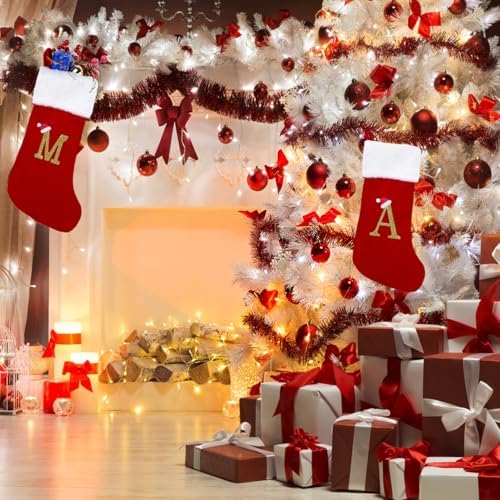 20 Inches Monogram Christmas Stockings with Letters Large Super Soft Christmas Stockings, Red Velvet with White Plush Cuff Embroidered Xmas Stocking for Christmas Family Decor Letter A