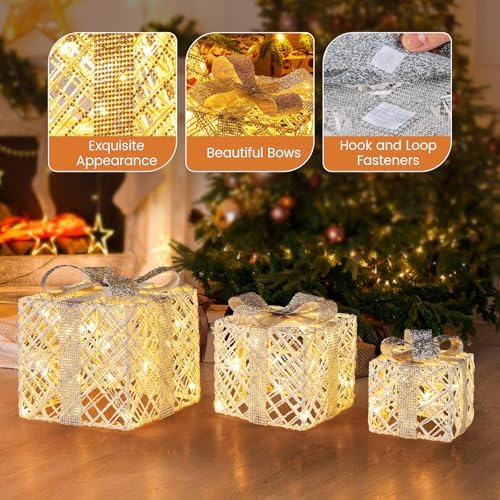 tangkula set of 3 lighted box, pre-lit festive showing dimensions