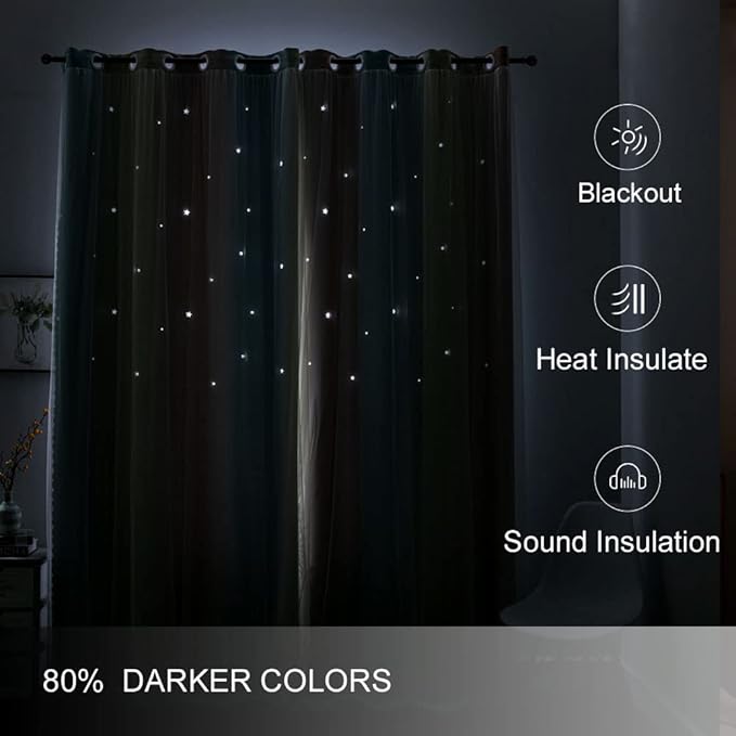 FANLI Ombre Rainbow Blackout Curtains for Kid Girls Bedroom Living Room Darking Stripe Double Layer Star Cut Out Wall Home Decor Gradient Grommet Window Curtains (Pink/Blue, 52W x 72L)