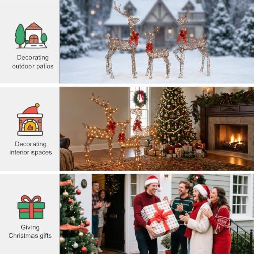 5ft brown rattan deer family set, 160 leds, front angle view
