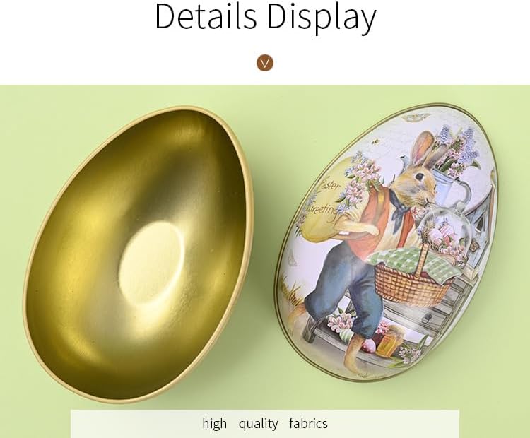 4.3" Medium Easter Egg Tin - Retro Rabbit & Carrot Metal Storage Box, Traditional Garden Style Egg Shaped Keepsake for Candies & Jewelry