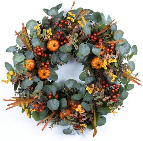 24" eucalyptus fall wreath with pumpkin foliage for, main product view