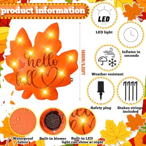 vihose fall maple leaf inflatable 5.25ft led thanksgiving, close-up detail