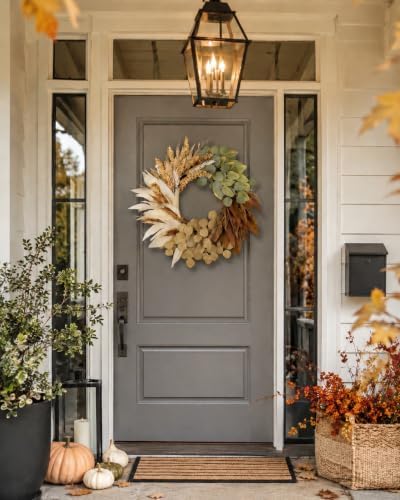 24" fall wreath for front door, faux leaves shown in use