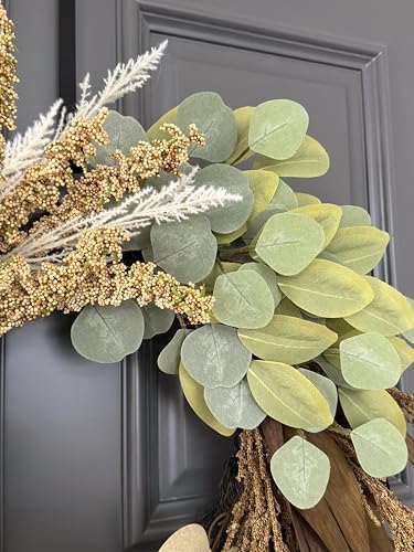 24" fall wreath for front door, faux leaves, side view