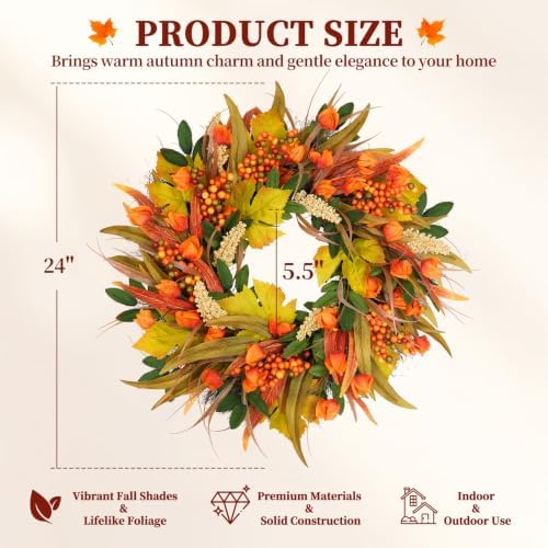 yangrass 24 inch fall harvest wreath for front shown in use