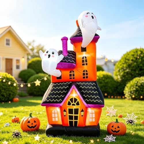6 ft halloween inflatable haunted house with 2, front angle view