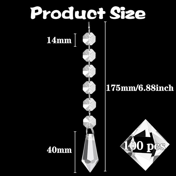 100 Pack Hanging Crystals - Clear Acrylic Prisms Pendant Ornaments for Christmas Tree, Centerpieces, Chandelier, Window & Home Decor, Ideal for Weddings, Parties Decorations (Icicle)