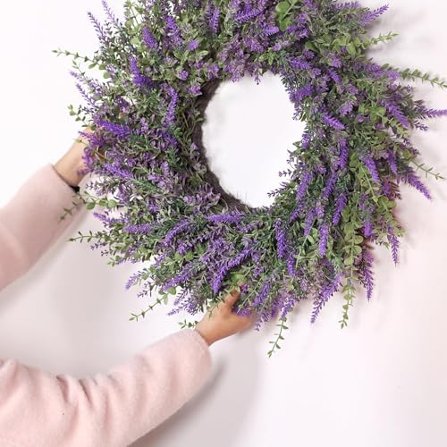 26'' large artificial eucalyptus and lavender wreath for showing dimensions