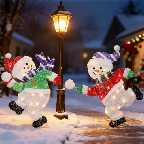 hausse set of 2 lighted snowmen christmas decorations, close-up detail