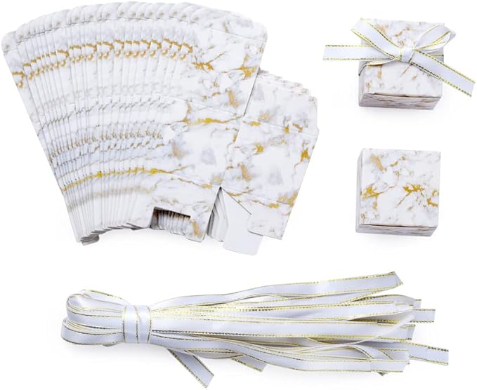 AWELL Small Marble White Gift Candy Box Bulk 2x2x2 inches with Ribbon Party Favor Box,Gold and White Marble,Pack of 50