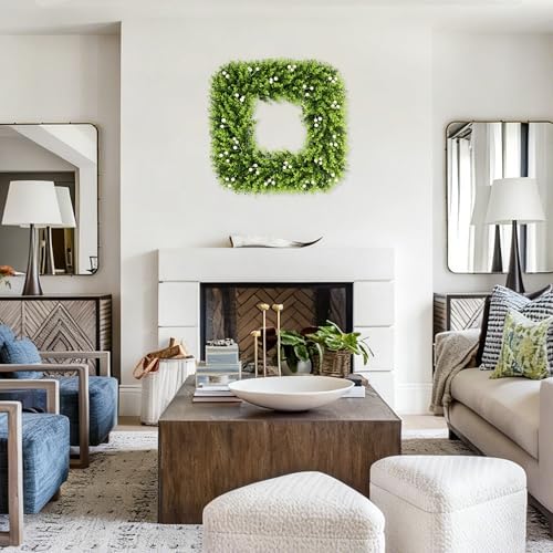 20 in boxwood wreath with white berries, all on a desk or shelf