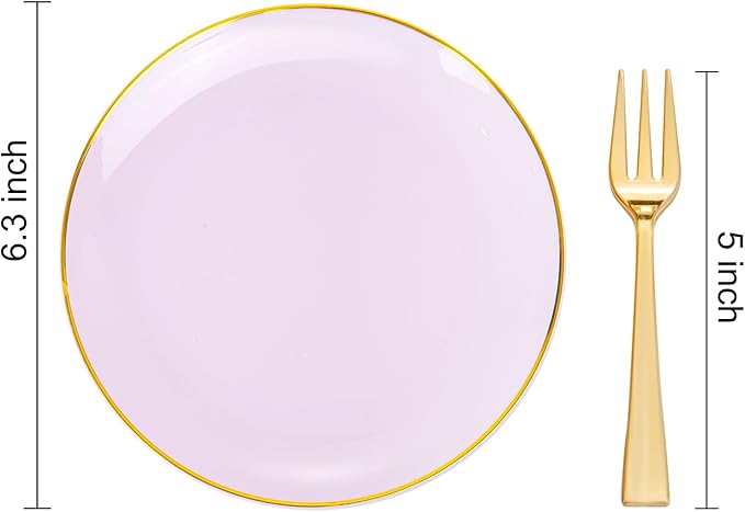 Festiva 200Pcs Purple Gold Dessert Plates 6.3" with Plastic Forks 5"- Disposable Lavender Purple Cake/Appetizer/Salad Plates - serve 100 guests for Party&Wedding&Easter