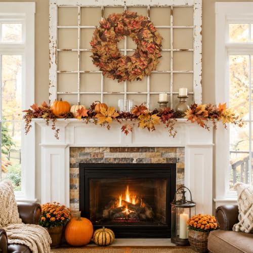 20" fall wreath for front door, artificial maple on a desk or shelf