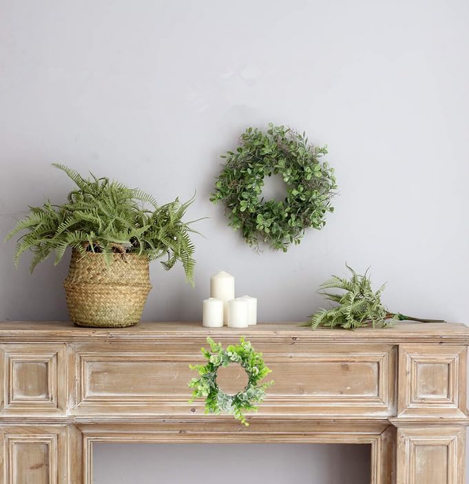 Candle Rings 3" Center Eucalyptus Candle Ring Artificial Mini Wreath Pillar Candle Holder Twig Spring Candle Wreaths for LED Candles Birthday Wedding Dinning Party or Easter Fireplace Decor (2, Green)