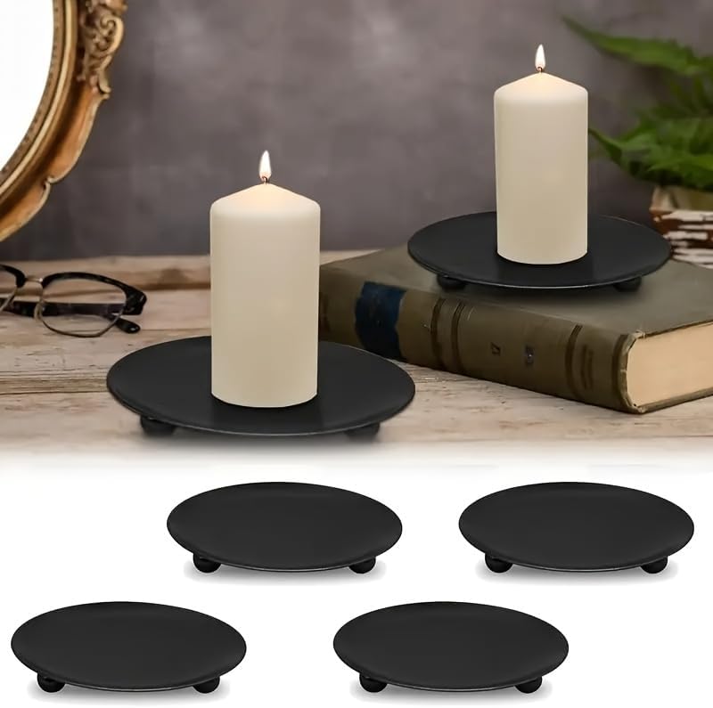 Iron Black Candle Holder Decorative Pillar Plate Tray Base 7cm 3Pcs | For Wedding Party, For Holiday Banquet, Art Gift, Cup Accessories