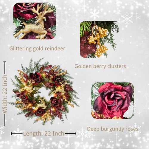 svndlyn 22 inch lighted burgundy christmas wreath with, close-up detail