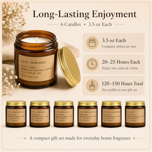 6 Pack Candles for Home Scented Aromatherapy Candle Gift Set for Women Soy Wax Long Lasting Amber Jar Candles Gift for Birthday Mother's Thanksgiving Day Present