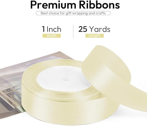 1 Inch 25 Yards Satin Ribbon Ivory, Solid Color Fabric Ribbon for Gift Wrapping, Wedding, Polyester Gift Ribbon for Birthday Party Decoration, Craft, Hair, Floral, Sewing