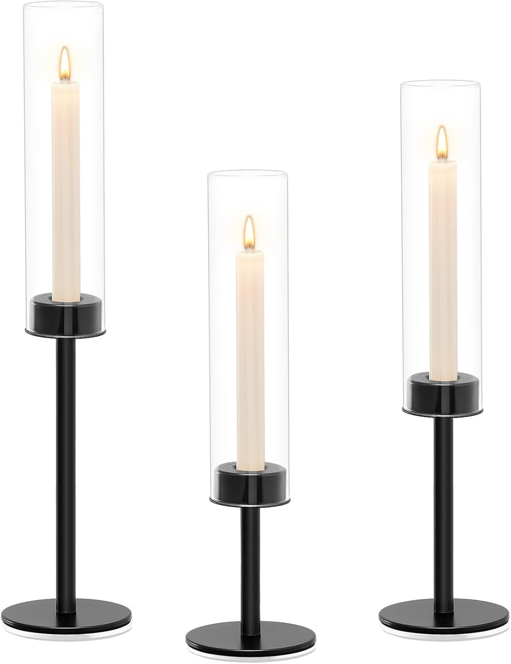 Black Hurricane Glass Candle Holders Set of 3 Tall Taper Candlestick Holder | Metal Candle Stick Holders, for Dining Dinner, Weddings, Christmas Fireplac Decorations, Table Centerpieces Decor