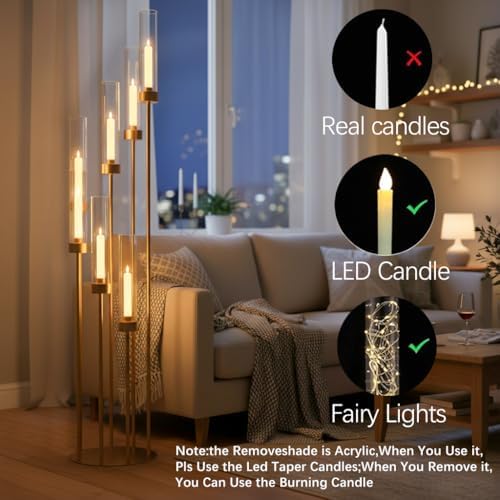 Gold Candelabra Wedding Centerpieces for Tables,Floor Candelabra Candlestick Holders 7 Arm Candle Holder Acrylic lampshade for Party Event candelabros para centros de mesa Fit 0.98" LED Candle