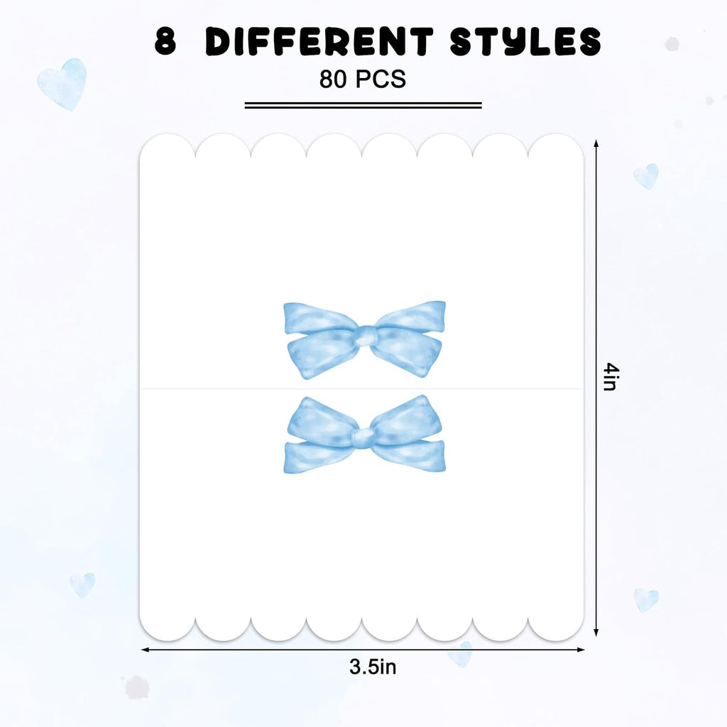 Whaline 80 Pcs Blue Bow Place Cards 8 Design Watercolor Bowknot Tented Name Cards 2 x 3.5 Inch Scalloped Blank Seat Assignment Labels for Party Table Setting Supplies