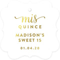 Andaz Press Personalized Fancy Frame Square Birthday Gift Tags, Metallic Gold Ink, Sweet 15 Birthday, Mis Quince Quinceanera, 24-Pack, Custom Made Name