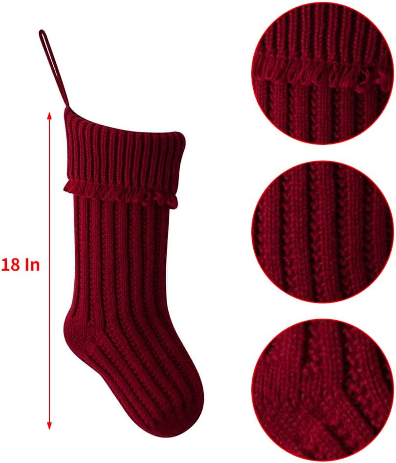 4 Pack Knit Christmas Stockings, 18 In Large Cable Knitted Xmas Stocking for Holiday Christmas Party Family Décor, Burgundy