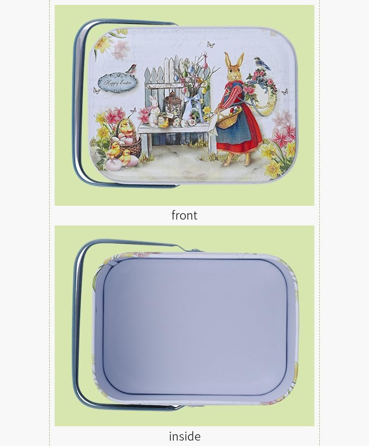 Easter Rabbit Metal Storage Tin with Handle (Style A) - 4.1" Vintage Garden Bunny Treat Box, Decorative Floral Tinplate Organizer for Easter Eggs