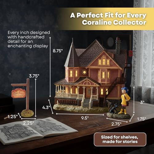 department 56 coraline pink palace apartments village set, close-up detail