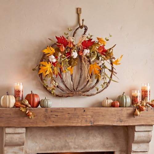 fall pumpkin wreath for front door, grapevine maple, close-up detail