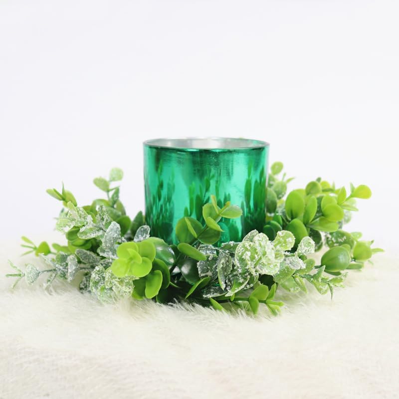 Candle Rings 3" Center Eucalyptus Candle Ring Artificial Mini Wreath Pillar Candle Holder Twig Spring Candle Wreaths for LED Candles Birthday Wedding Dinning Party or Easter Fireplace Decor (2, Green)