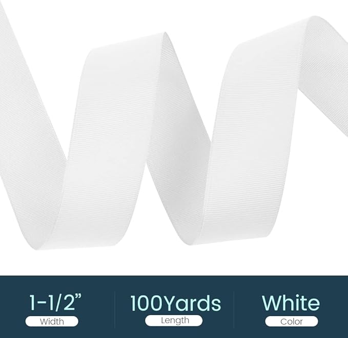 1-1/2" X 100 Yards White Grosgrain Ribbon, Premium Grosgrain Ribbon for Sewing, Gift Wrapping, Bow Making, Wedding Decor, Wrapping and More (White)
