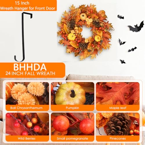 24 inch fall wreath for front door, pumpkin shown in use