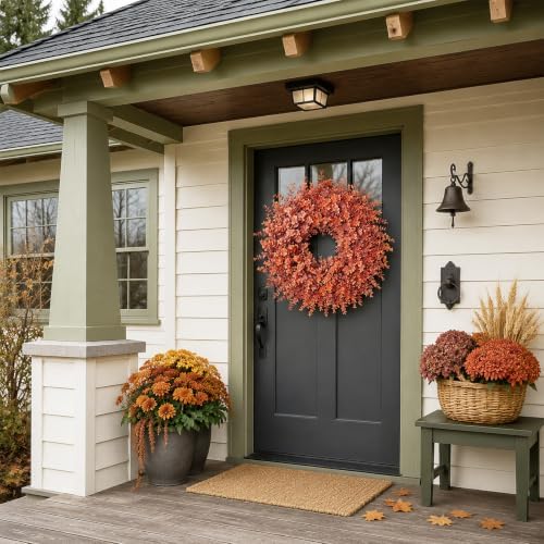 26" artificial fall eucalyptus wreath for front door, front angle view
