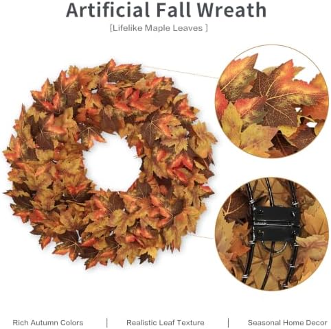 20" fall wreath for front door, artificial maple, close-up detail