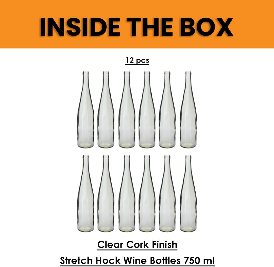 750ml Wine Bottles Clear, W13 Stretch Hock Riesling, 12-Pack - NO CORKS