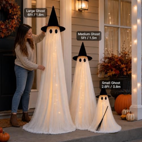 halloween decorations outdoor 3 pack lighted ghost-family with shown in use
