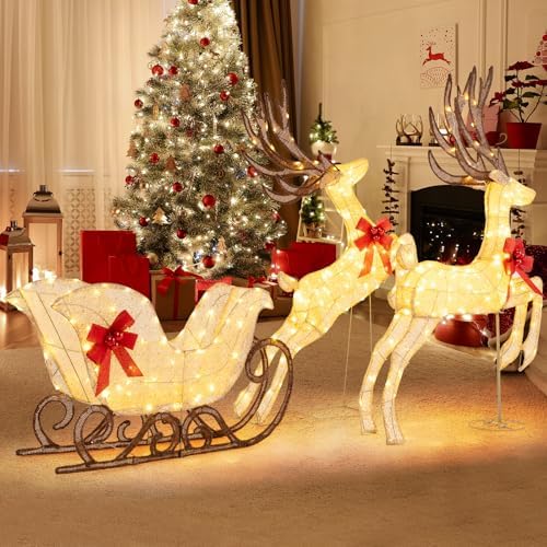 tangkula 3-piece christmas lighted reindeer & sleigh set, close-up detail